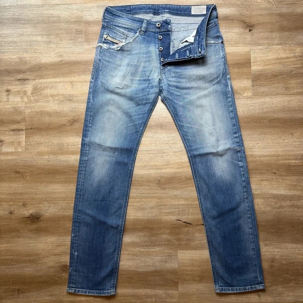 Diesel Belther Jeans Men 29x32 Blue Slim Tapered Stretch Medium Wash Faded RX380